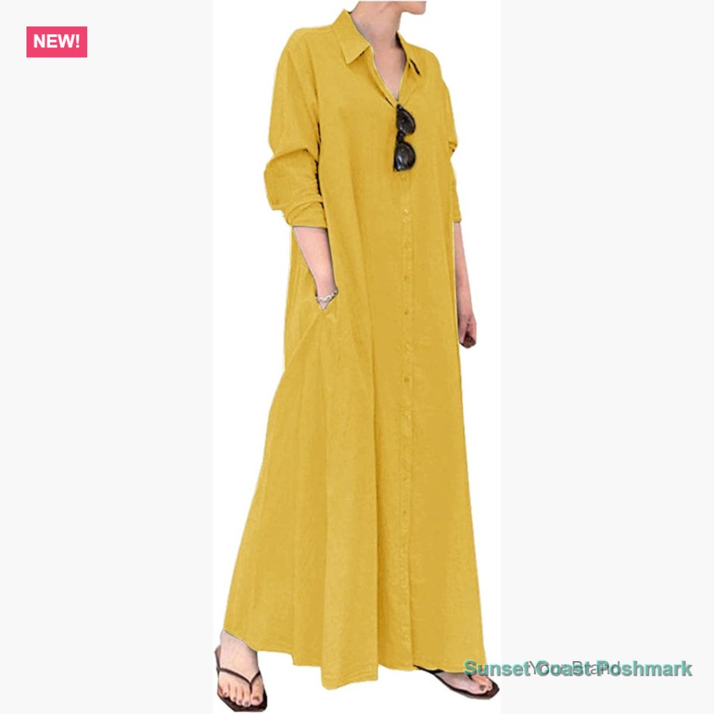 Cotton Linen Button Down Maxi Dress Long Sleeve Casual Beach